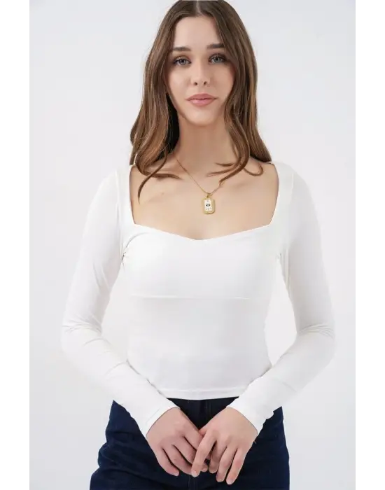 Kare Yaka Slim Fit Bluz 986 - Beyaz
