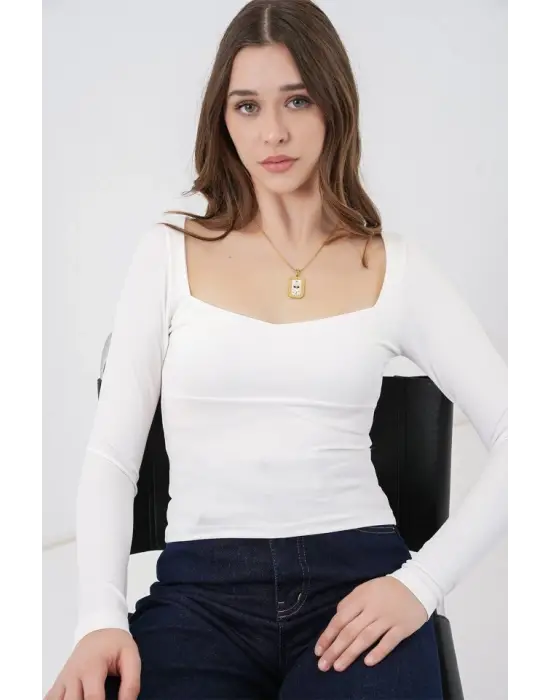 Kare Yaka Slim Fit Bluz 986 - Beyaz