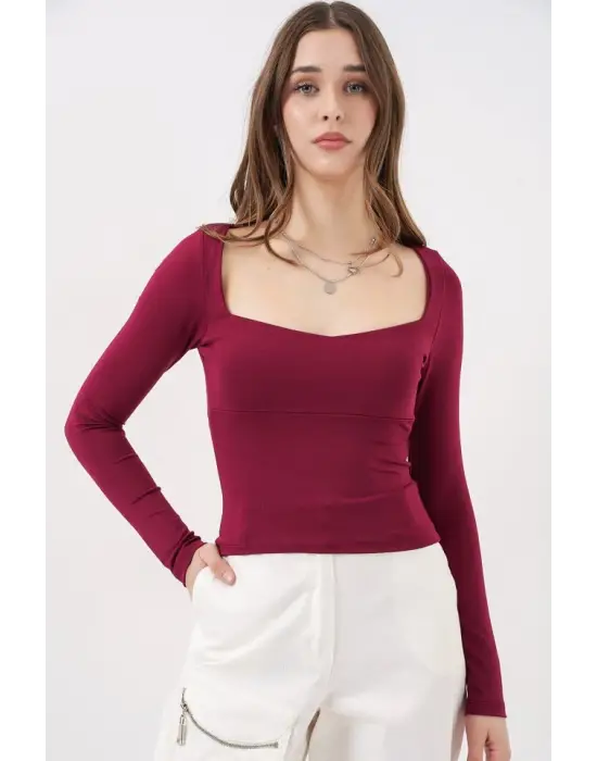 Kare Yaka Slim Fit Bluz 986 - Bordo