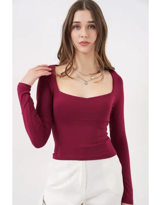 Kare Yaka Slim Fit Bluz 986 - Bordo