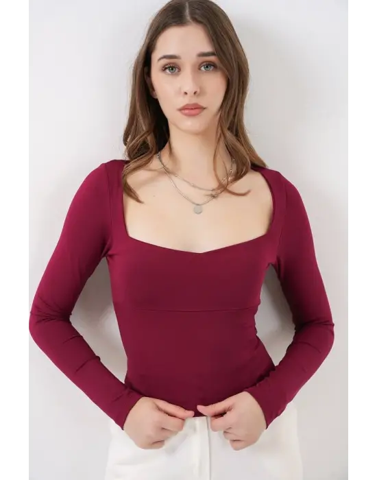 Kare Yaka Slim Fit Bluz 986 - Bordo