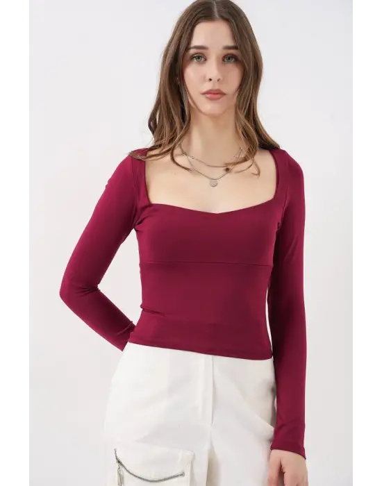 Kare Yaka Slim Fit Bluz 986 - Bordo