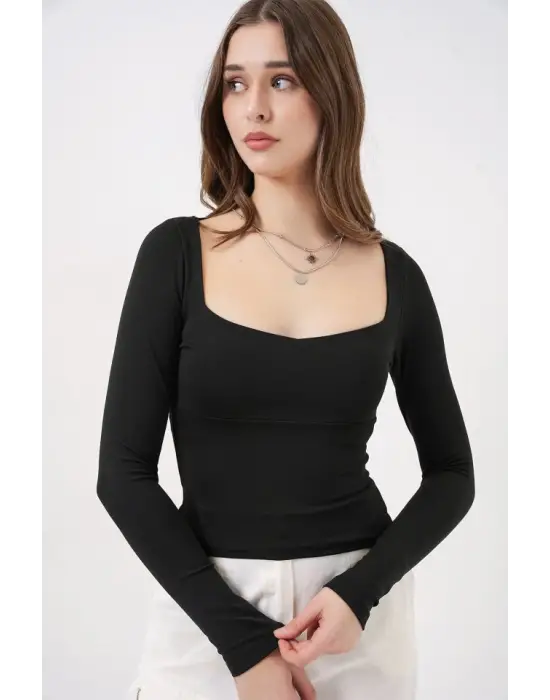 Kare Yaka Slim Fit Bluz 986 - Siyah