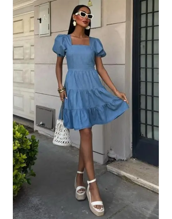 Kare Yakalı Ve Gipe Detaylı Tensel Elbise 2883