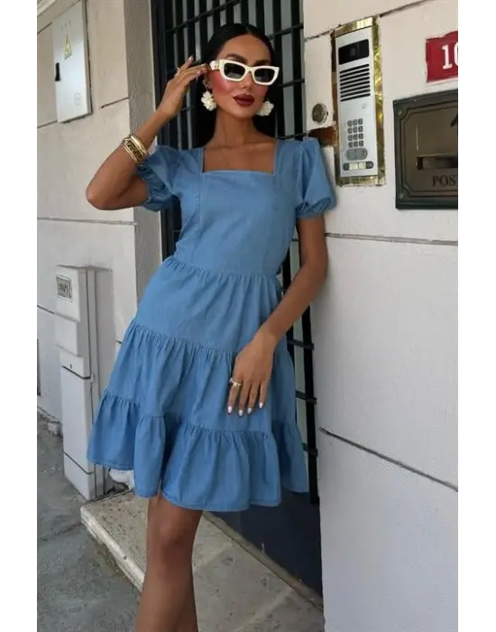 Kare Yakalı Ve Gipe Detaylı Tensel Elbise 2883