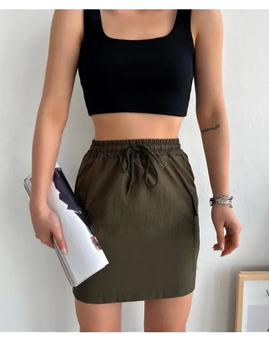 Kargo cep ince paraşüt etek haki s241019