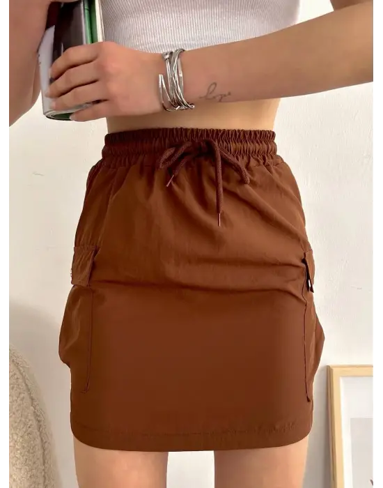 Kargo cep ince paraşüt etek kahve s241019