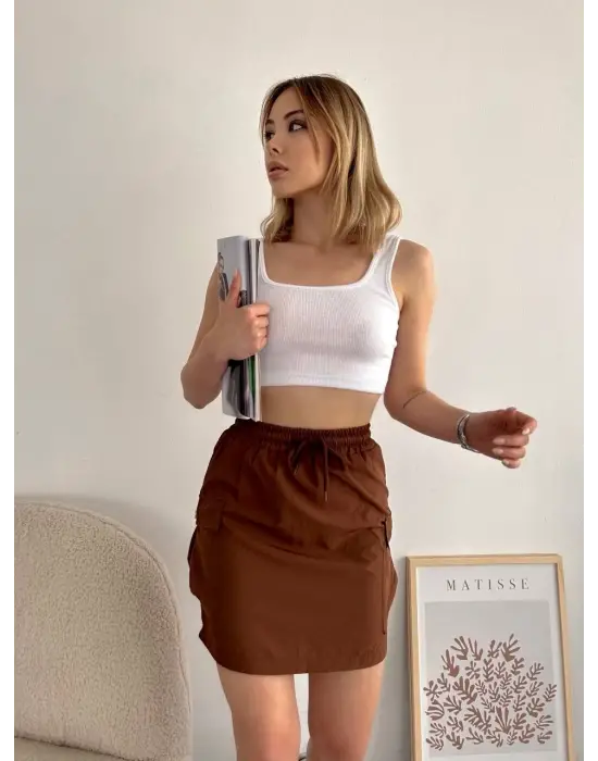 Kargo cep ince paraşüt etek kahve s241019