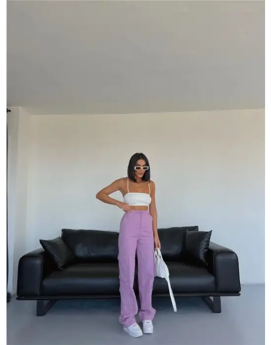 Omarı Lila Renkli Kargo Pantolon