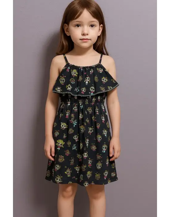 Karikatür baskılı askılı kız çocuk elbisesi lacivert