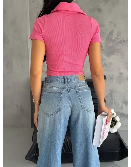 Omarı Fermuarlı Fuşya Kaşkorse Yaka Bluz