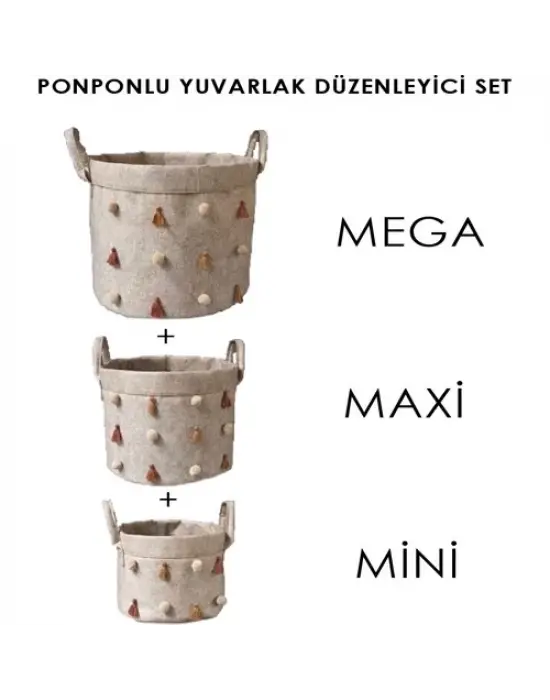 Omarı Çok Amaçlı Ponponlu Yuvarlak Keçe Saklama Kutusu Organizer (Maxi Boy)