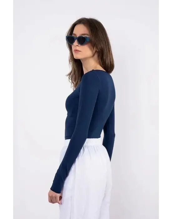 Kayık yaka uzun kollu bluz lacivert pt