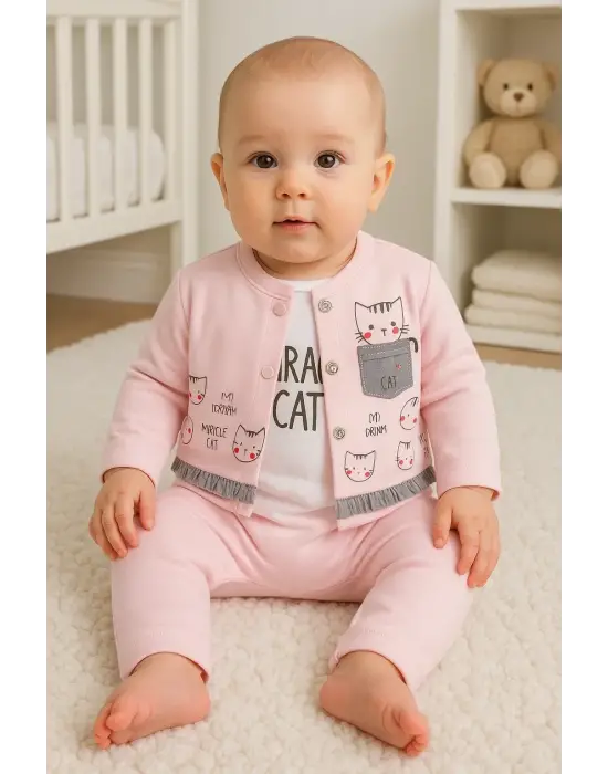 Kedi Desenli 3lü Hırkalı Kız Bebek Takım