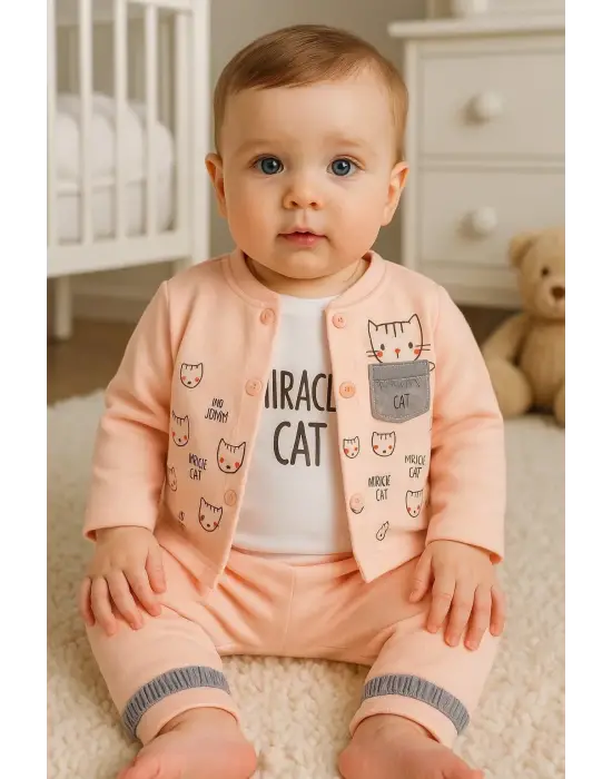 Kedi Desenli 3lü Hırkalı Kız Bebek Takım