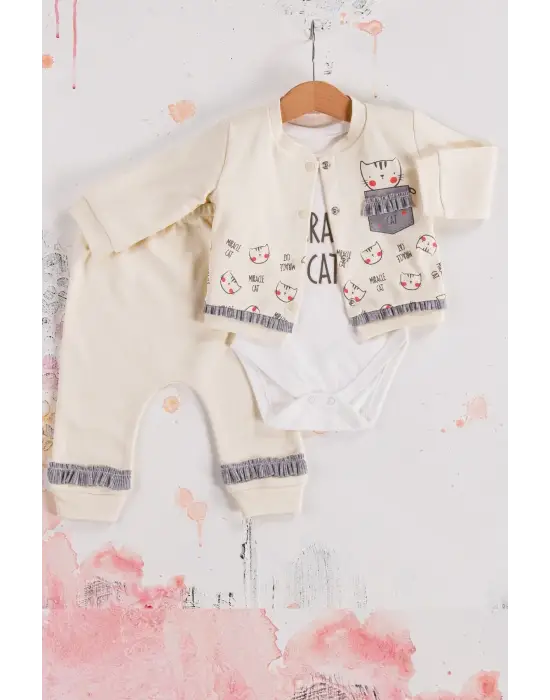Kedi Desenli 3lü Hırkalı Kız Bebek Takım