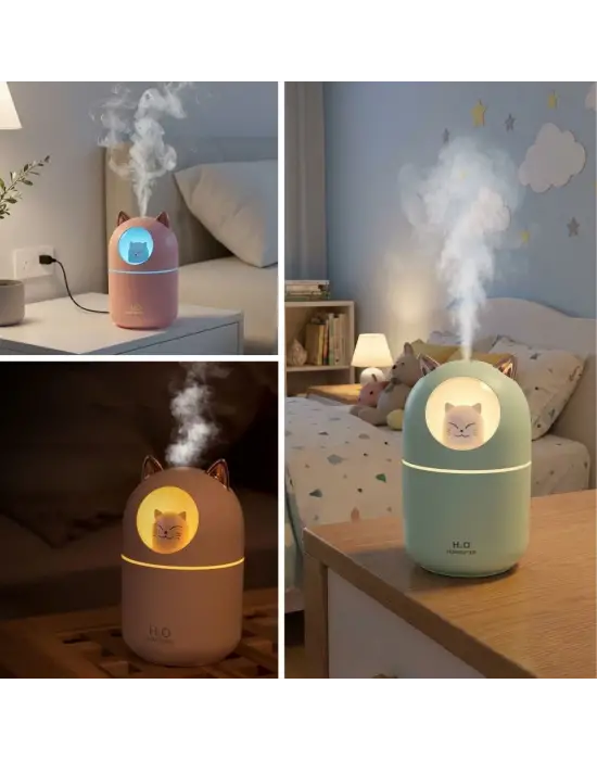 Kedicik Figürlü Hava Nemlendirici – Ultrasonik Soğuk Buhar Makinesi, LED Işıklı Masaüstü Oda Nemlendirici
