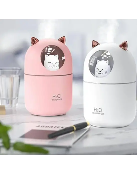 Kedicik Figürlü Hava Nemlendirici – Ultrasonik Soğuk Buhar Makinesi, LED Işıklı Masaüstü Oda Nemlendirici