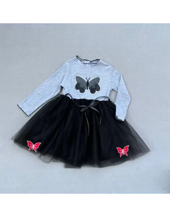 Omarı Kelebek Desenli Siyah Kız Çocuk Tütü Elbise