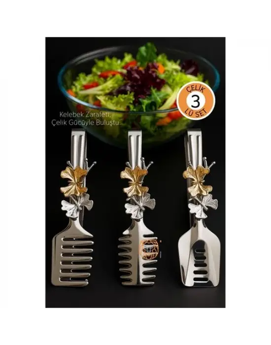 Kelebek Figürlü 3’lü Paslanmaz Çelik Servis Maşası Seti - Salata, Pasta ve Izgara Maşası