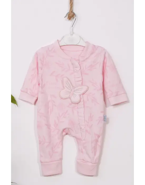 Kelebek Nakışlı % 100 Pamuk Ayaklı Kız Bebek Tulumu