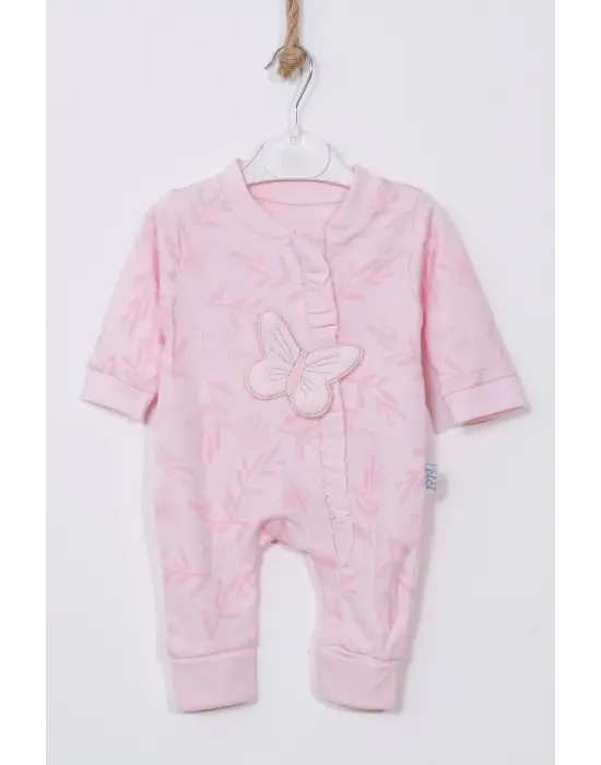 Kelebek Nakışlı % 100 Pamuk Ayaklı Kız Bebek Tulumu