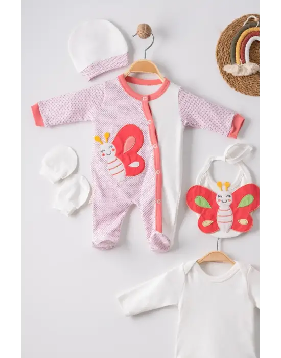 Kelebek Nakışlı Puanlı Tulumlu % 100 Pamuk Kız Bebek 5li Set