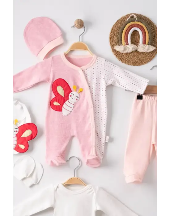 Kelebek Nakışlı Puanlı Tulumlu % 100 Pamuk Kız Bebek 5li Set