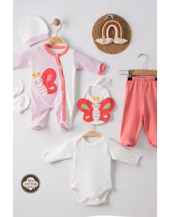 Kelebek Nakışlı Puanlı Tulumlu % 100 Pamuk Kız Bebek 5li Set
