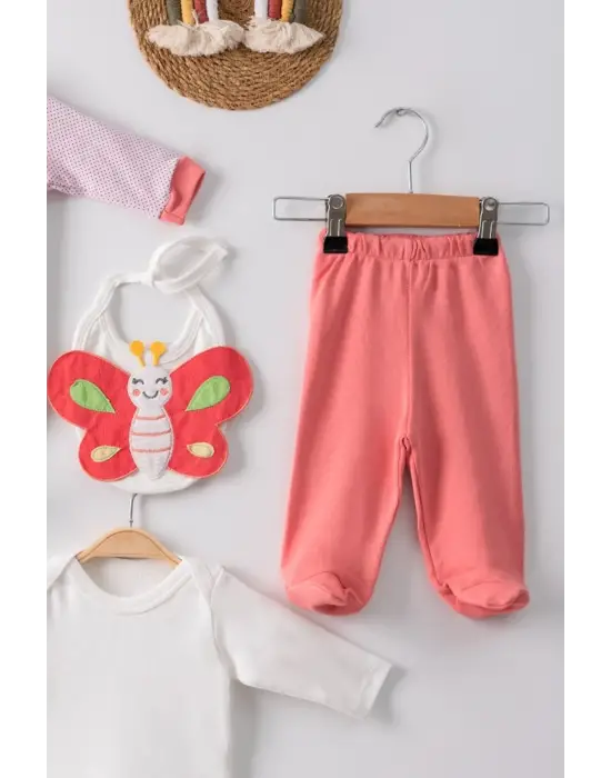 Kelebek Nakışlı Puanlı Tulumlu % 100 Pamuk Kız Bebek 5li Set