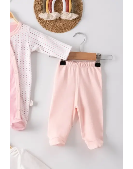 Kelebek Nakışlı Puanlı Tulumlu % 100 Pamuk Kız Bebek 5li Set