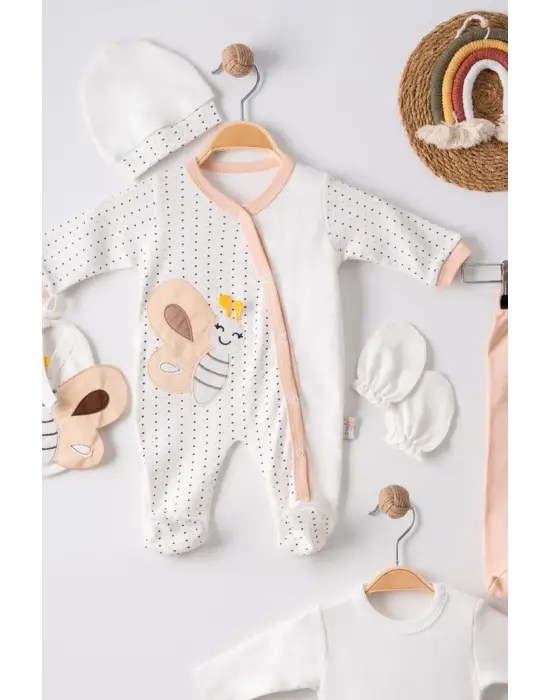 Kelebek Nakışlı Tulumlu % 100 Pamuk Erkek Bebek 5li Set