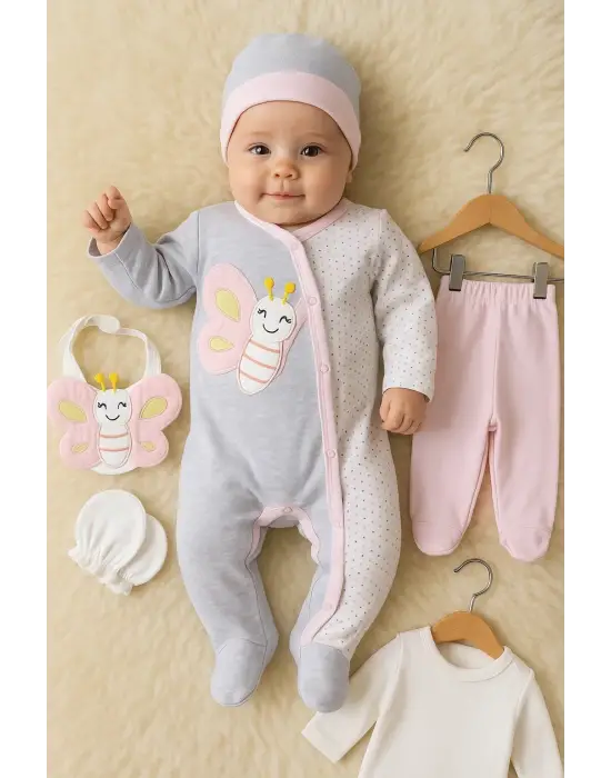 Kelebek Nakışlı Tulumlu % 100 Pamuk Kız Bebek 5li Set