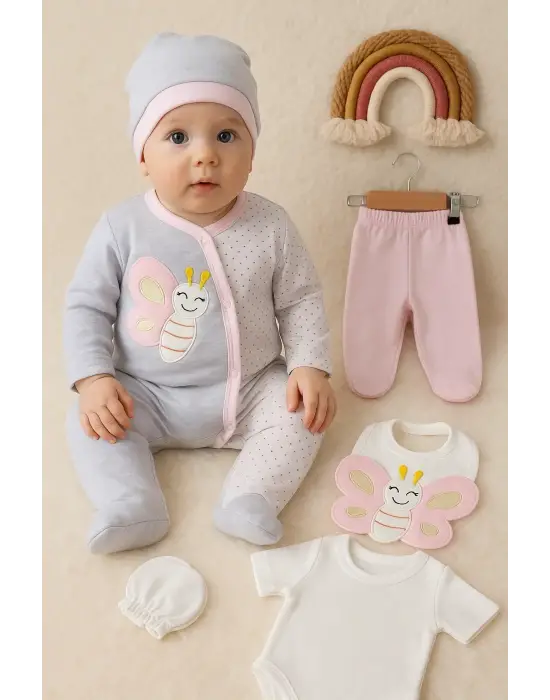 Kelebek Nakışlı Tulumlu % 100 Pamuk Kız Bebek 5li Set