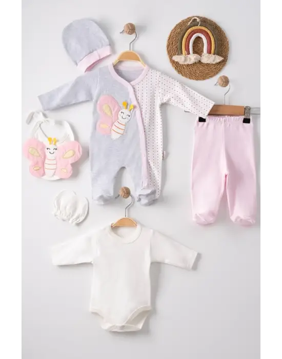 Kelebek Nakışlı Tulumlu % 100 Pamuk Kız Bebek 5li Set