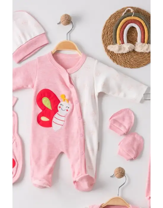 Kelebek Nakışlı Tulumlu % 100 Pamuk Kız Bebek 5li Set