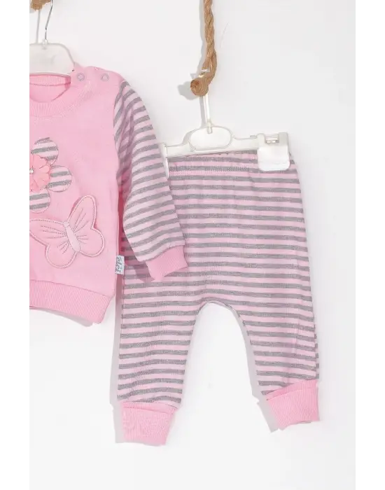 Kelebekli Çiçek Nakışlı Pamuklu 2li Kız Bebek Takımı