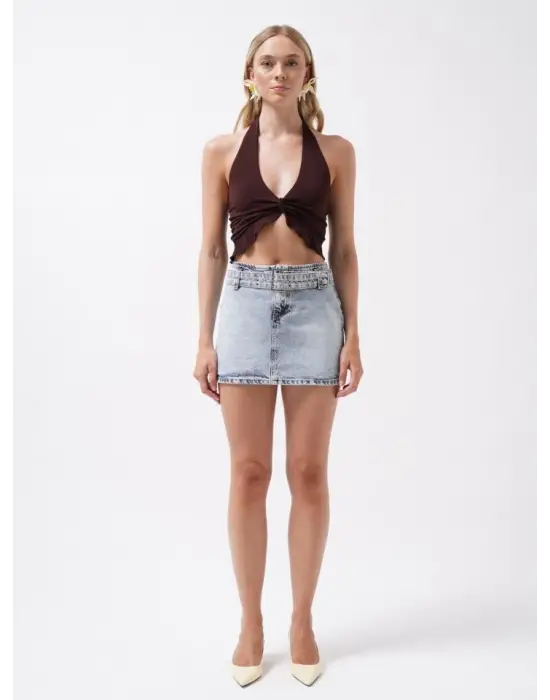 Kemer Detaylı Denim Mini Etek