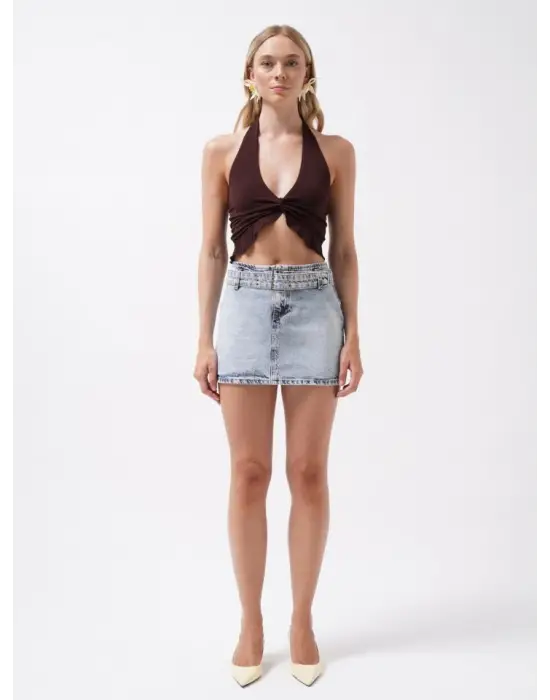 Kemer Detay Denim Mini Etek