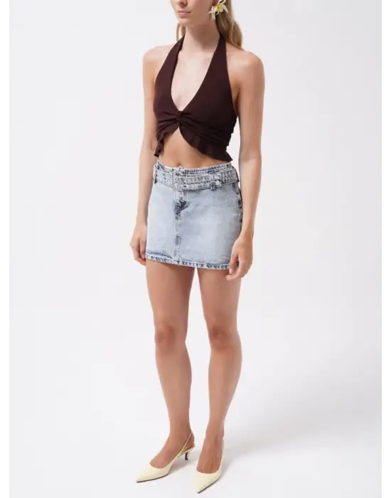 Kemer Detay Denim Mini Etek