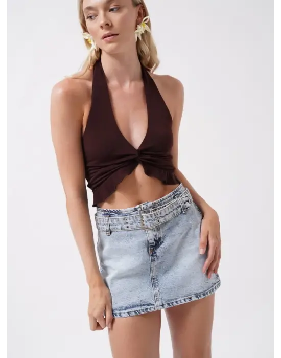 Kemer Detay Denim Mini Etek