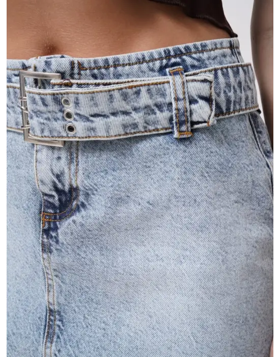 Kemer Detay Denim Mini Etek