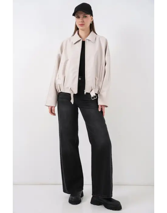 Trend Deri Ceket Ekru