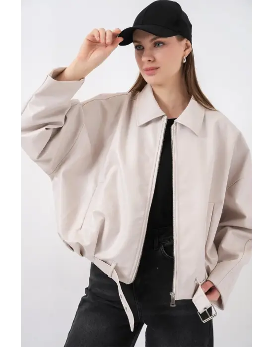 Kemer Detaylı Deri Ceket 1056 - Ekru