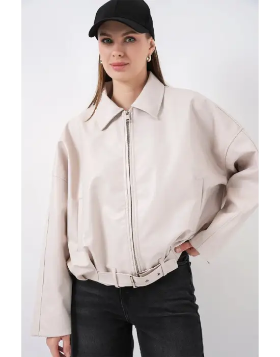 Kemer Detaylı Deri Ceket 1056 - Ekru