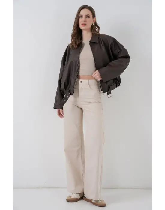 Kemer Detaylı Deri Ceket 1056 - Kahverengi