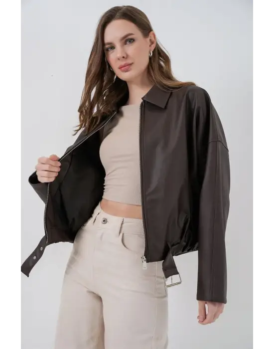 Kemer Detaylı Deri Ceket 1056 - Kahverengi