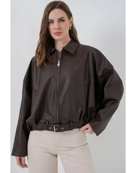 Kemer Detaylı Deri Ceket 1056 - Kahverengi