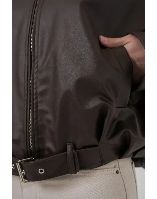 Kemer Detaylı Deri Ceket 1056 - Kahverengi