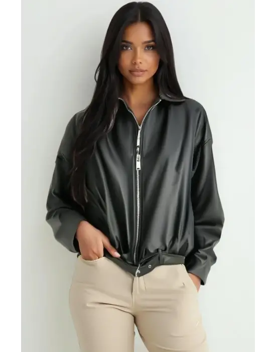 Kemer Detaylı Deri Ceket 1056 - Siyah